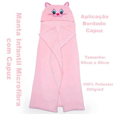 Manta Com Capuz Buettner Microfibra Infantil Miau 90cmx90cm Rosa Claro