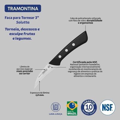 Faca Para Tornear Tramontina Solutta Em Aço Inox E Cabo Em Policarbonato Preto 3"