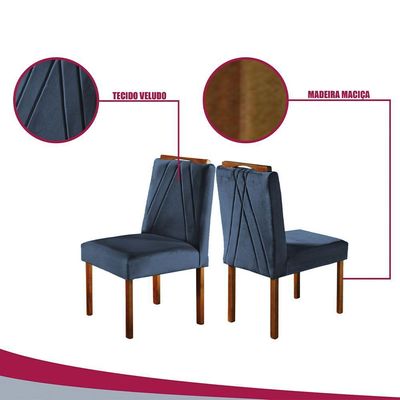 Kit 2 Cadeiras Safira Madeira Maciça Veludo Móveis Mundial Azul