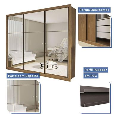 Guarda Roupa Casal Ravena Com 9 Espelho 3 Portas Minastex Carvalho