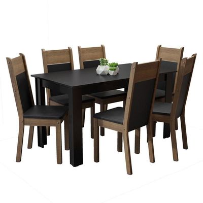 Mesa Tampo de Madeira com 6 Cadeiras Preto Rustic Preto