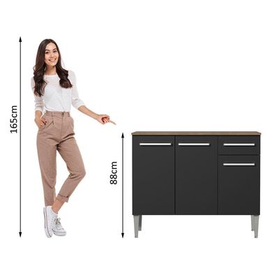 Balcão Gabinete Emilly 3 Portas 1 Gaveta Rustic Preto Madesa