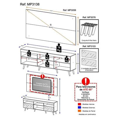 Rack com Painel TV até 65" Espelho e Pés Retrô Multimóveis