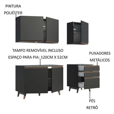 Cozinha Reims Balcão 5 Portas 3 Gavetas Preto Madesa