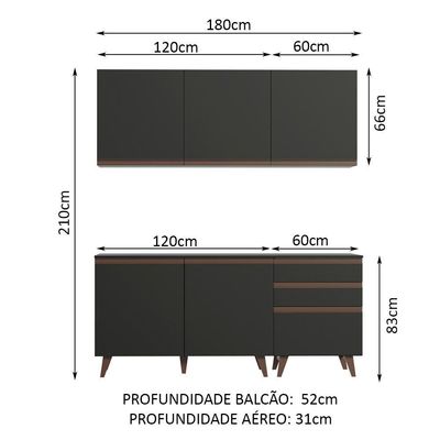 Cozinha Reims Balcão 5 Portas 3 Gavetas Preto Madesa