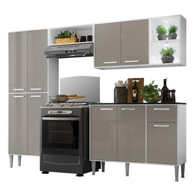 Cozinha Compacta Multimóveis Xangai Fg3414 Com 2 Leds Armário E Balcão Branca/lacca Fumê