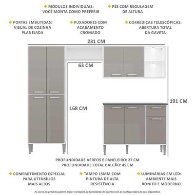 Cozinha Compacta Multimóveis Xangai Fg3414 Com 2 Leds Armário E Balcão Branca/lacca Fumê