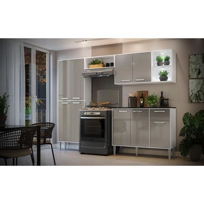 Cozinha Compacta Multimóveis Xangai Fg3414 Com 2 Leds Armário E Balcão Branca/lacca Fumê