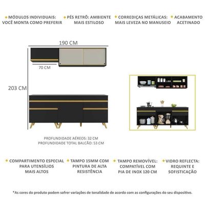 Cozinha Compacta Multimóveis Veneza Gb Fg3707 Com Armário E Balcão Preta