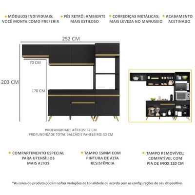 Cozinha Compacta 4 peças c/Armário e Balcão Veneza Gb Preta