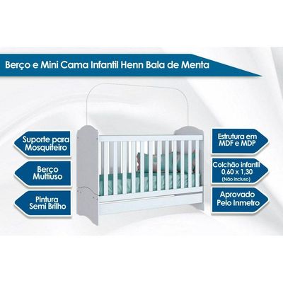 Berço / Mini Cama Infantil Bala de Menta 3 em 1 (2 Un) Branco - Henn