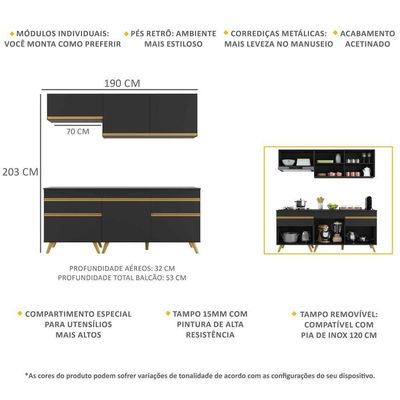 Cozinha Compacta Multimóveis Veneza Gb Fg3705 Com Armário E Balcão Preta