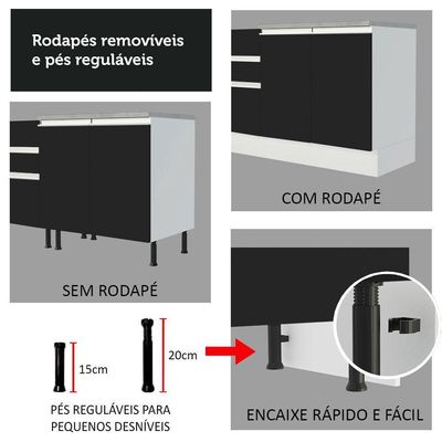 Balcão de Pia Madesa Glamy 120cm 2 Portas Tampo Branco Preto