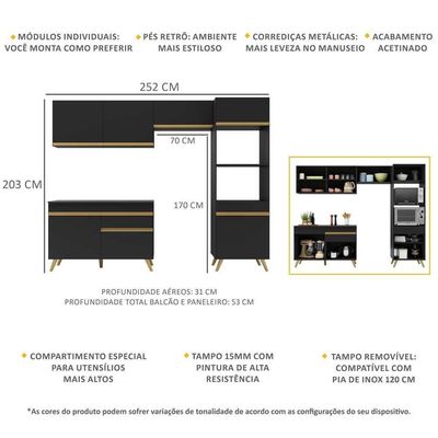 Cozinha Compacta Multimóveis Veneza Gb Fg3683 Com Armário E Balcão Preta