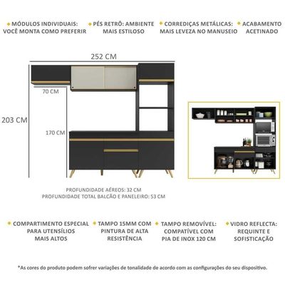 Cozinha Compacta Multimóveis Veneza Gb Fg3691 Com Armário E Balcão Preta