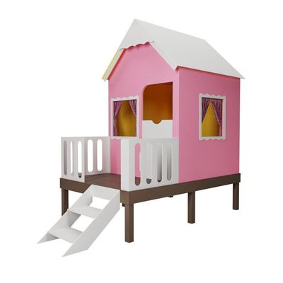 Casinha de Brinquedo Alta Rosa com Cercadoe e Telhado Branco