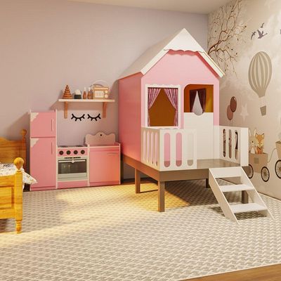 Casinha de Brinquedo Alta Rosa com Cercadoe e Telhado Branco
