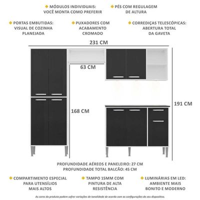 Cozinha Compacta Multimóveis Xangai Fg3415 Com 3 Leds Armário E Balcão Branca/preta