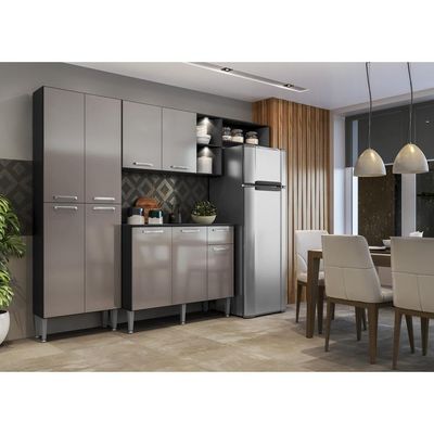 Cozinha Compacta Multimóveis Pequim Fg3572 Com 2 Leds Armário E Balcão Preta/lacca Fumê