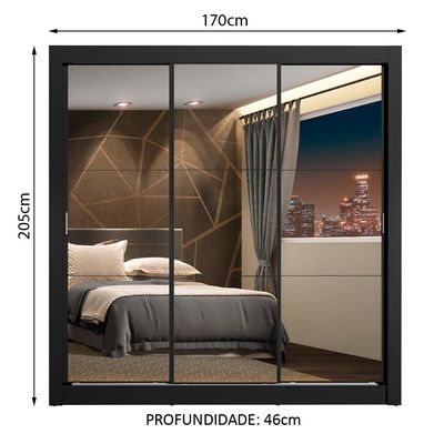 Guarda Roupa Casal 3 Portas Correr Espelho 4 Gavetas Preto