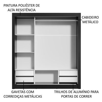Guarda Roupa Casal 3 Portas Correr Espelho 4 Gavetas Preto