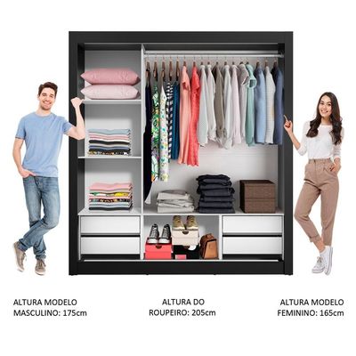 Guarda Roupa Casal 3 Portas Correr Espelho 4 Gavetas Preto
