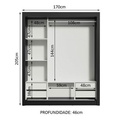 Guarda Roupa Casal 3 Portas Correr Espelho 4 Gavetas Preto