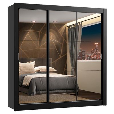 Guarda Roupa Casal 3 Portas Correr Espelho 4 Gavetas Preto
