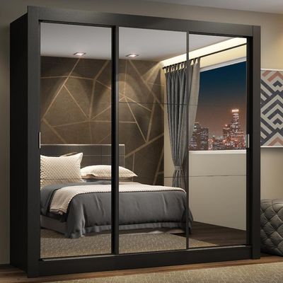 Guarda Roupa Casal 3 Portas Correr Espelho 4 Gavetas Preto