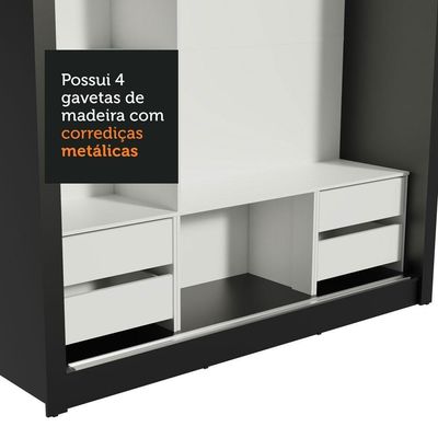 Guarda Roupa Casal 3 Portas Correr Espelho 4 Gavetas Preto
