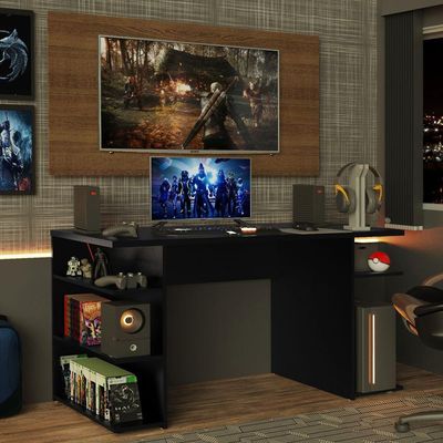 Mesa Gamer Preta e Painel para TV até 50 Polegadas Madesa