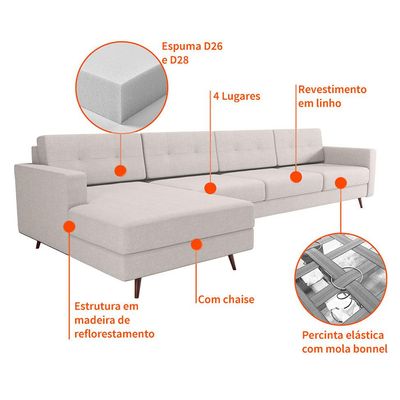 Sofá 4 Lugares Living com Chaise Esquerdo Pé Palito Linho Cotton Cru