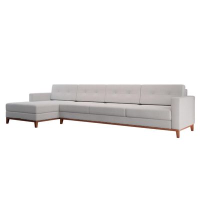 Sofá 4 Lugares Living com Chaise Esquerdo Pés e Base em Madeira Linho Cotton Cru