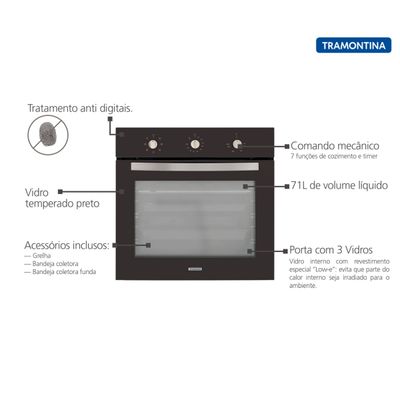 Forno Elétrico de Embutir Tramontina New Glass Cook Preto 7 Funções 71L 94867220 220V