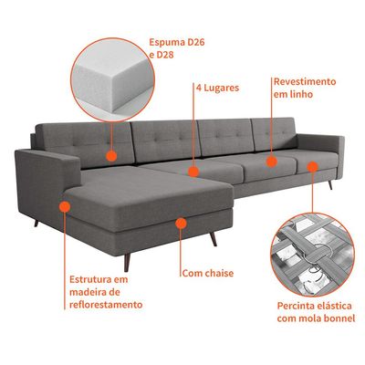 Sofá 4 Lugares Living com Chaise Esquerdo Pé Palito Linho Cotton Cinza