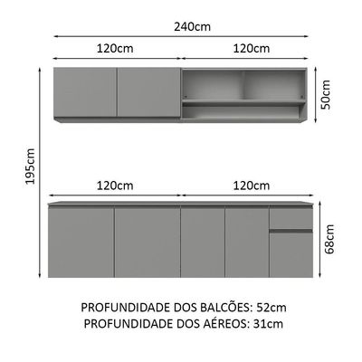 Armário De Cozinha Completa Suspenso 240Cm Cinza