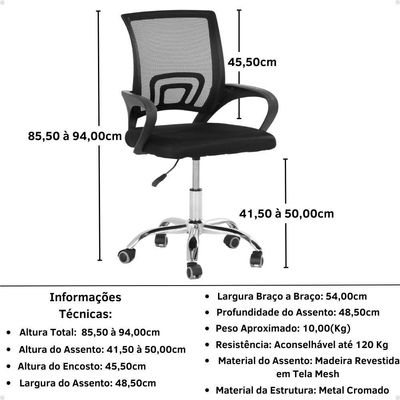 Kit 8 Cadeiras Secretária Office Base Giratória Em Tela Mesh - Preto