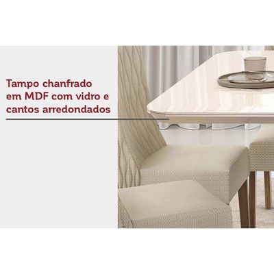 Mesa de Sala Jantar Zafira + Tampo Madeirado Vidro Curvo 200x100cm Off White - DJ Móveis