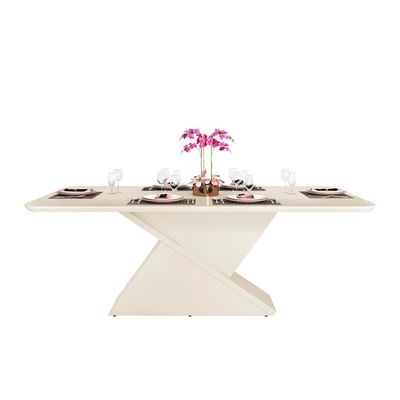 Mesa para Cozinha Zafira + Tampo Madeirado Vidro Curvo 200x100cm Off White - DJ Móveis