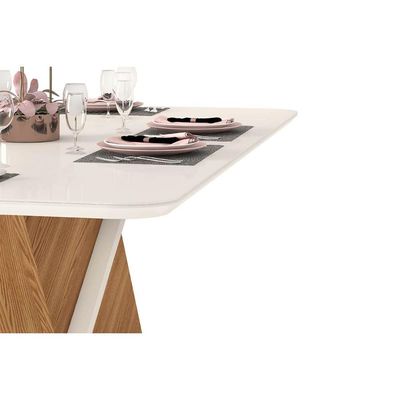 Mesa de Sala Jantar Zafira + Tampo Madeirado Vidro Curvo 200x100cm Off White - DJ Móveis