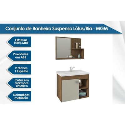 Bancada de Banheiro Balcão Suspenso Lótus/Bia c/ Cuba 55cm e Armário c/ Espelho Branco - MGM