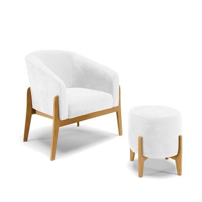 Kit 01 Poltrona E 01 Puff Branco Base Madeira Castanho