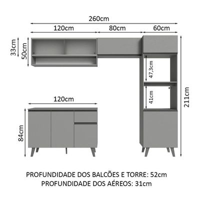 Armário De Cozinha Completa 260cm Cinza Nice Madesa 09 Cinza