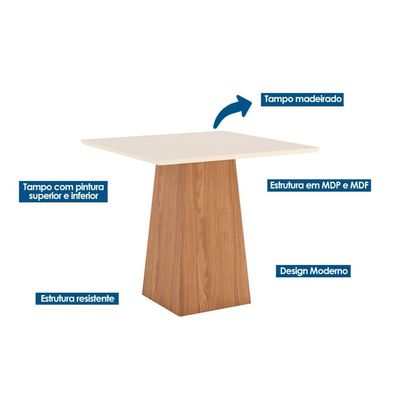 Mesa para Cozinha Dora + Tampo Madeirado 90x90cm Nature/Off White - Henn