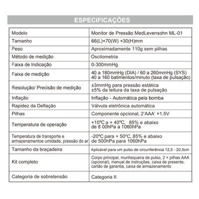 Monitor de Pressão Arterial de Pulso ML01 MedLevensohn