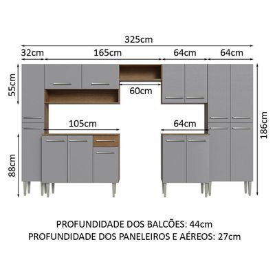 Armário De Cozinha Completa 325Cm Cinza/ Madesa 02 /Cinza