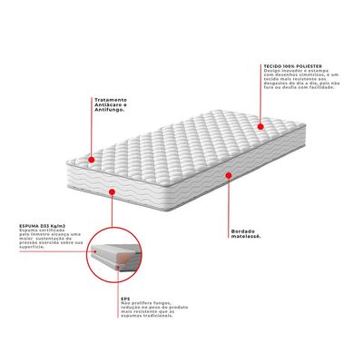 Cama Box com Colchão Viúva Howie Espuma D33 (17x128x188) Branco e Cinza
