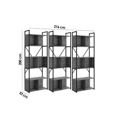 Estante p/Sala Industrial LI014 Kit 3 Un Aço Madeirado 72x200cm Freijo/Preto - Kappesberg