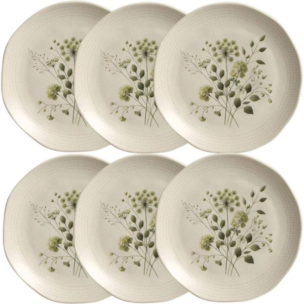 Kit 6 Pratos de Sobremesa Ammi Orgânico Cerâmica 19,5cm Floral Porto Brasil