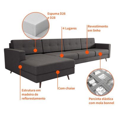 Sofá 4 Lugares Lituânia com Chaise Esquerdo Pé Palito Linho Cotton Grafite Escuro
